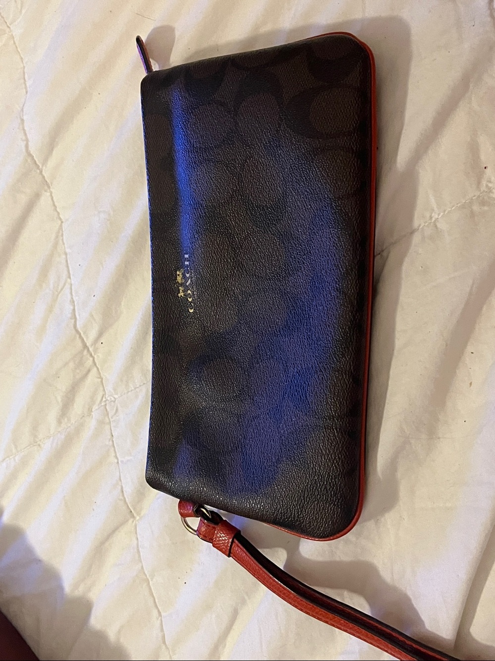 Coach Brown Signature Canvas Wristlet with Red Trim